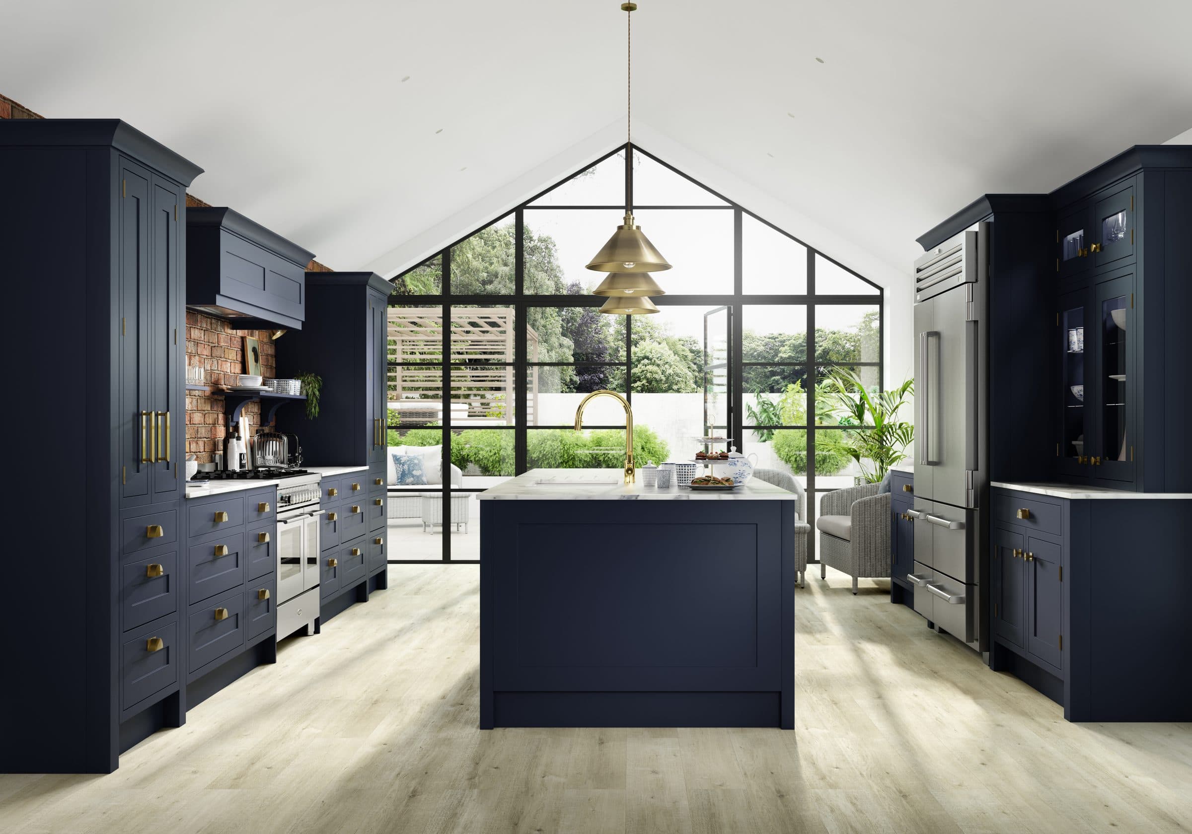 Aberford Indigo kitchen, dark cabinetry with brass hardware