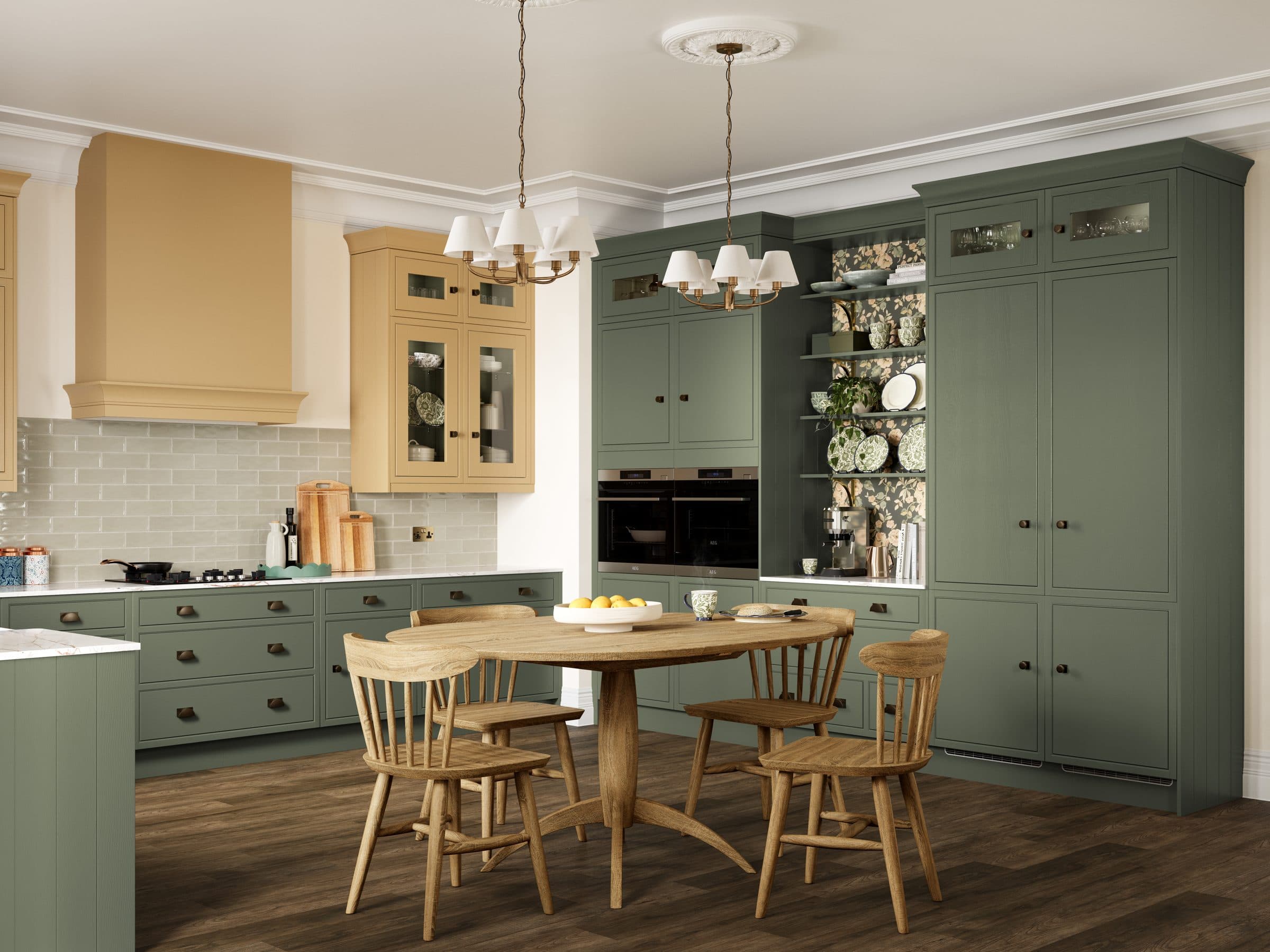 Harbury Ivy and Saffron kitchen, in-frame cabinetry with brass handles