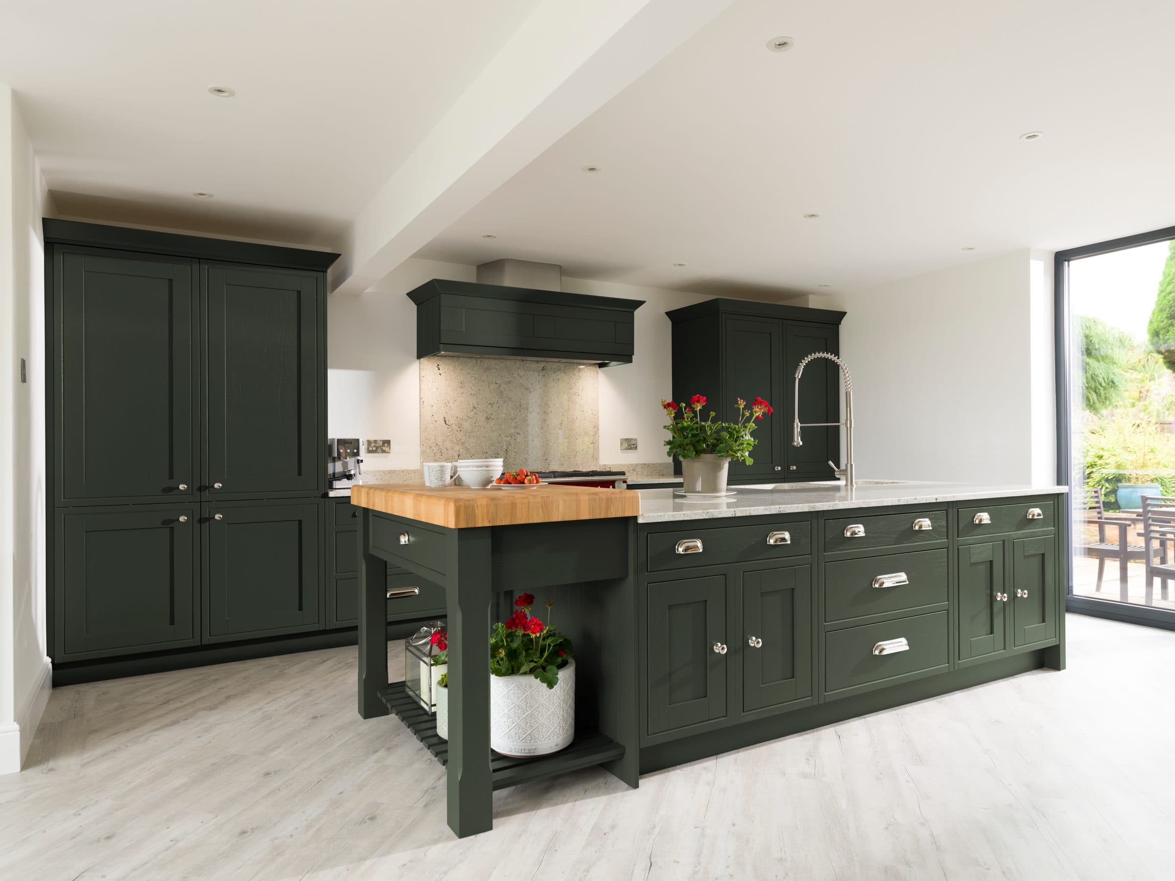 Helmsley Bottle Green kitchen, full room with dining view